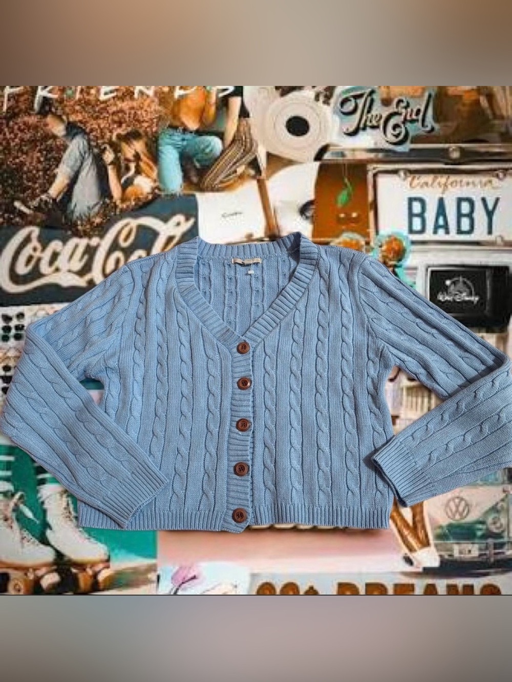 Papaya Sky Blue Cable-Knit V-Neck Button Cardigan Sweater Chunky Cozy NWOT Sz L